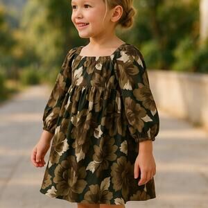 kit + lili Girls Dress Size 5 Brown Beige Black Floral Cotton Made in India Boho